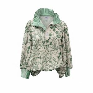 Botanical Herbal Print Long Sleeve Top Green Striped Accents Womens Medium